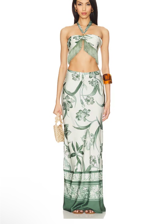 Rococo Sand Dresses & Skirts - NWT Rococo Sand SET Sage Green Fringe Halter Top & Maxi Skirt M/S Revolve